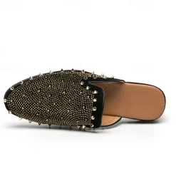 Men's Black Studded Slip-On Loafers – Rhinestone Embellished Mules with Bold Design for Party and Evening Wear