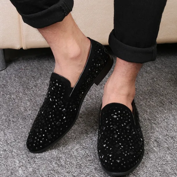 Men's Black Velvet Loafers with Studded Detail – Stylish Slip-On Shoes for Formal and Evening Occasions