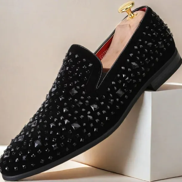 Men's Black Velvet Loafers with Studded Detail – Stylish Slip-On Shoes for Formal and Evening Occasions