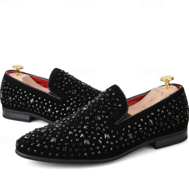 Men's Black Velvet Loafers with Studded Detail – Stylish Slip-On Shoes for Formal and Evening Occasions