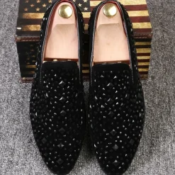 Men's Black Velvet Loafers with Studded Detail – Stylish Slip-On Shoes for Formal and Evening Occasions