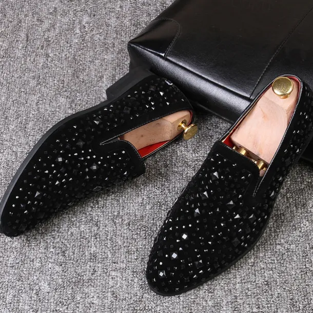 Men's Black Velvet Loafers with Studded Detail – Stylish Slip-On Shoes for Formal and Evening Occasions