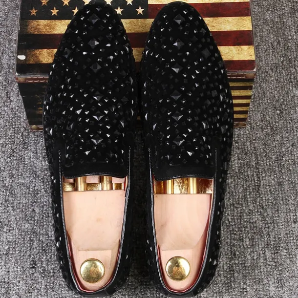 Men's Black Velvet Loafers with Studded Detail – Stylish Slip-On Shoes for Formal and Evening Occasions