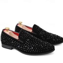Men's Black Velvet Loafers with Studded Detail – Stylish Slip-On Shoes for Formal and Evening Occasions