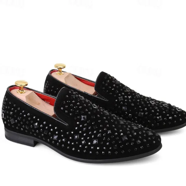 Men's Black Velvet Loafers with Studded Detail – Stylish Slip-On Shoes for Formal and Evening Occasions