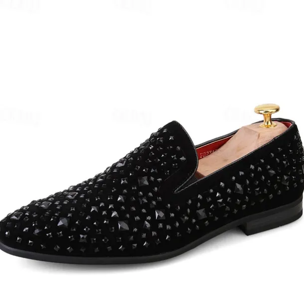 Men's Black Velvet Loafers with Studded Detail – Stylish Slip-On Shoes for Formal and Evening Occasions
