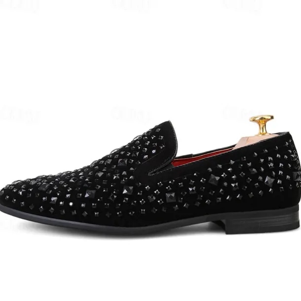 Men's Black Velvet Loafers with Studded Detail – Stylish Slip-On Shoes for Formal and Evening Occasions