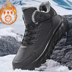 Men's Black Winter Snow Boots – Waterproof, Fur-Lined, Lace-Up Outdoor Hiking Shoes with Non-Slip Sole for Cold Weather