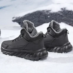 Men's Black Winter Snow Boots – Waterproof, Fur-Lined, Lace-Up Outdoor Hiking Shoes with Non-Slip Sole for Cold Weather