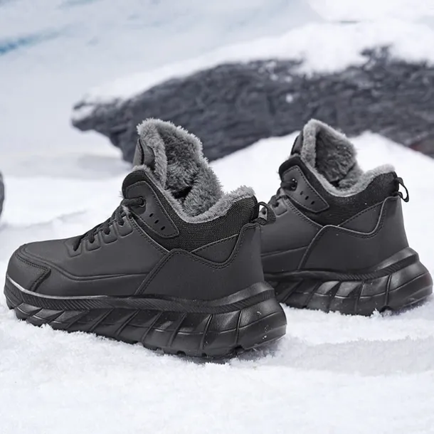 Men's Black Winter Snow Boots – Waterproof, Fur-Lined, Lace-Up Outdoor Hiking Shoes with Non-Slip Sole for Cold Weather
