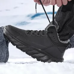 Men's Black Winter Snow Boots – Waterproof, Fur-Lined, Lace-Up Outdoor Hiking Shoes with Non-Slip Sole for Cold Weather