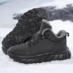 Men's Black Winter Snow Boots – Waterproof, Fur-Lined, Lace-Up Outdoor Hiking Shoes with Non-Slip Sole for Cold Weather