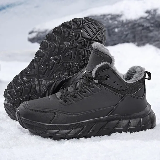 Men's Black Winter Snow Boots – Waterproof, Fur-Lined, Lace-Up Outdoor Hiking Shoes with Non-Slip Sole for Cold Weather