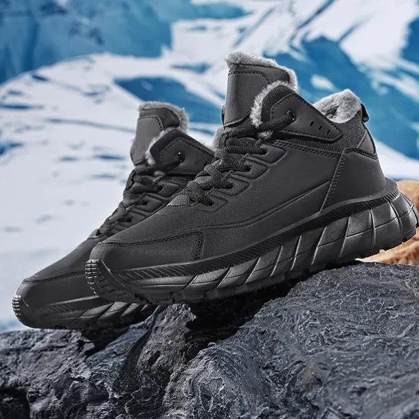 Men's Black Winter Snow Boots – Waterproof, Fur-Lined, Lace-Up Outdoor Hiking Shoes with Non-Slip Sole for Cold Weather