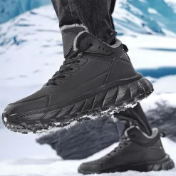 Men's Black Winter Snow Boots – Waterproof, Fur-Lined, Lace-Up Outdoor Hiking Shoes with Non-Slip Sole for Cold Weather