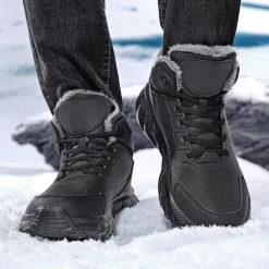 Men's Black Winter Snow Boots – Waterproof, Fur-Lined, Lace-Up Outdoor Hiking Shoes with Non-Slip Sole for Cold Weather