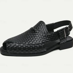 Men's Black Woven Leather Sandals - Stylish Open-Toe Slingback Shoes with Buckle Strap