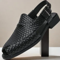 Men's Black Woven Leather Sandals - Stylish Open-Toe Slingback Shoes with Buckle Strap