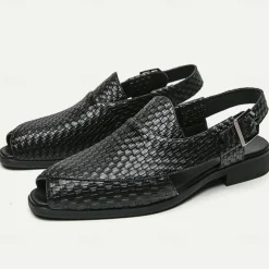 Men's Black Woven Leather Sandals - Stylish Open-Toe Slingback Shoes with Buckle Strap