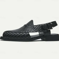 Men's Black Woven Leather Sandals - Stylish Open-Toe Slingback Shoes with Buckle Strap