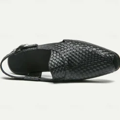 Men's Black Woven Leather Sandals - Stylish Open-Toe Slingback Shoes with Buckle Strap