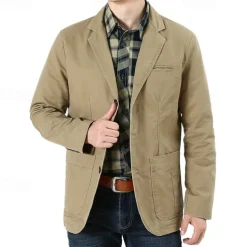 Men's Blazer Business Cocktail Party Wedding Party Fashion Casual Spring & Fall 100% Cotton Solid Color Pocket Buttons Comfortable Single Breasted Blazer Black Green khaki