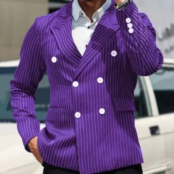 Men's Blazer Business Cocktail Party Wedding Party Fashion Casual Spring & Fall Polyester Stripes Pocket Buttons Comfortable Double Breasted Blazer Blue Purple Orange