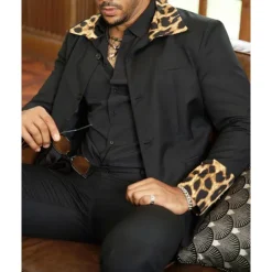 Men's Blazer Business Cocktail Party Wedding Party Fashion Casual Spring & Fall 65% Cotton Leopard Pocket Buttons Comfortable Single Breasted Blazer Black