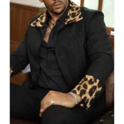 Men's Blazer Business Cocktail Party Wedding Party Fashion Casual Spring & Fall 65% Cotton Leopard Pocket Buttons Comfortable Single Breasted Blazer Black