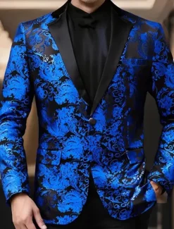 Men's Blazer Business Cocktail Party Wedding Party Party Spring & Fall Polyester Bronzing Pocket Buttons Comfortable Single Breasted Blazer Red Blue Purple Gold