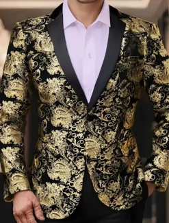 Men's Blazer Business Cocktail Party Wedding Party Party Spring & Fall Polyester Bronzing Pocket Buttons Comfortable Single Breasted Blazer Red Blue Purple Gold