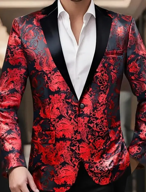 Men's Blazer Business Cocktail Party Wedding Party Party Spring & Fall Polyester Bronzing Pocket Buttons Comfortable Single Breasted Blazer Red Blue Purple Gold