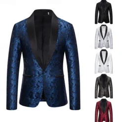 Men's Blazer Business Cocktail Party Wedding Party Fashion Casual Spring & Fall Cotton Blend Paisley Pocket Buttons Comfortable Single Breasted Blazer Silver Dark Gray Black White