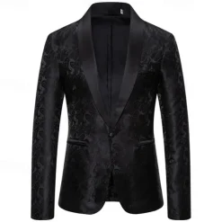 Men's Blazer Business Cocktail Party Wedding Party Fashion Casual Spring & Fall Cotton Blend Paisley Pocket Buttons Comfortable Single Breasted Blazer Silver Dark Gray Black White