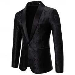Men's Blazer Business Cocktail Party Wedding Party Fashion Casual Spring & Fall Cotton Blend Paisley Pocket Buttons Comfortable Single Breasted Blazer Silver Dark Gray Black White