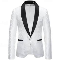 Men's Blazer Business Cocktail Party Wedding Party Fashion Casual Spring & Fall Cotton Blend Paisley Pocket Buttons Comfortable Single Breasted Blazer Silver Dark Gray Black White