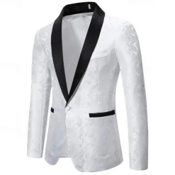 Men's Blazer Business Cocktail Party Wedding Party Fashion Casual Spring & Fall Cotton Blend Paisley Pocket Buttons Comfortable Single Breasted Blazer Silver Dark Gray Black White