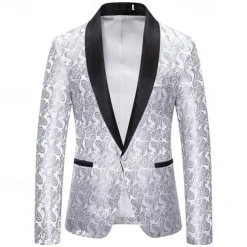 Men's Blazer Business Cocktail Party Wedding Party Fashion Casual Spring & Fall Cotton Blend Paisley Pocket Buttons Comfortable Single Breasted Blazer Silver Dark Gray Black White