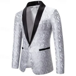 Men's Blazer Business Cocktail Party Wedding Party Fashion Casual Spring & Fall Cotton Blend Paisley Pocket Buttons Comfortable Single Breasted Blazer Silver Dark Gray Black White