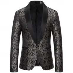 Men's Blazer Business Cocktail Party Wedding Party Fashion Casual Spring & Fall Cotton Blend Paisley Pocket Buttons Comfortable Single Breasted Blazer Silver Dark Gray Black White