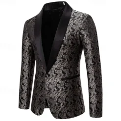 Men's Blazer Business Cocktail Party Wedding Party Fashion Casual Spring & Fall Cotton Blend Paisley Pocket Buttons Comfortable Single Breasted Blazer Silver Dark Gray Black White