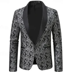 Men's Blazer Business Cocktail Party Wedding Party Fashion Casual Spring & Fall Cotton Blend Paisley Pocket Buttons Comfortable Single Breasted Blazer Silver Dark Gray Black White