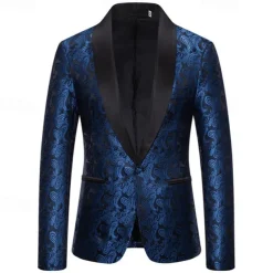 Men's Blazer Business Cocktail Party Wedding Party Fashion Casual Spring & Fall Cotton Blend Paisley Pocket Buttons Comfortable Single Breasted Blazer Silver Dark Gray Black White