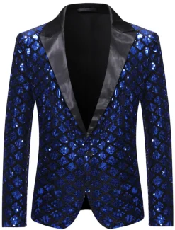 Men's Blazer Jacket Blazer Peaked Lapel Party Sparkle Casual Print Silver Black Regular Fit