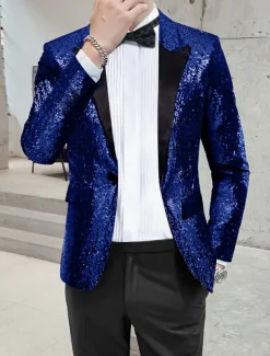 Men's Blazer Jacket Blazer Peaked Lapel Streetwear Party Sparkle Sequin Black Silver Blue Regular Fit