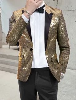 Men's Blazer Jacket Blazer Peaked Lapel Streetwear Party Sparkle Sequin Black Silver Blue Regular Fit