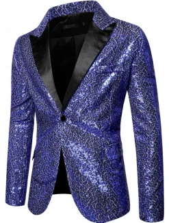 Men's Blazer Jacket Blazer Peaked Lapel Streetwear Party Sparkle Sequin Black Silver Blue Regular Fit