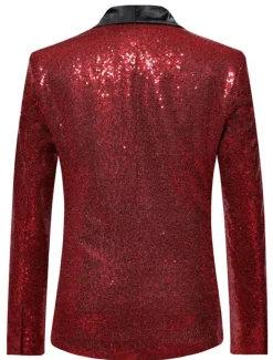 Men's Blazer Jacket Blazer Shawl Collar Party Sparkle Casual Solid Colored Silver Black Wine Regular Fit Single Breasted One-button