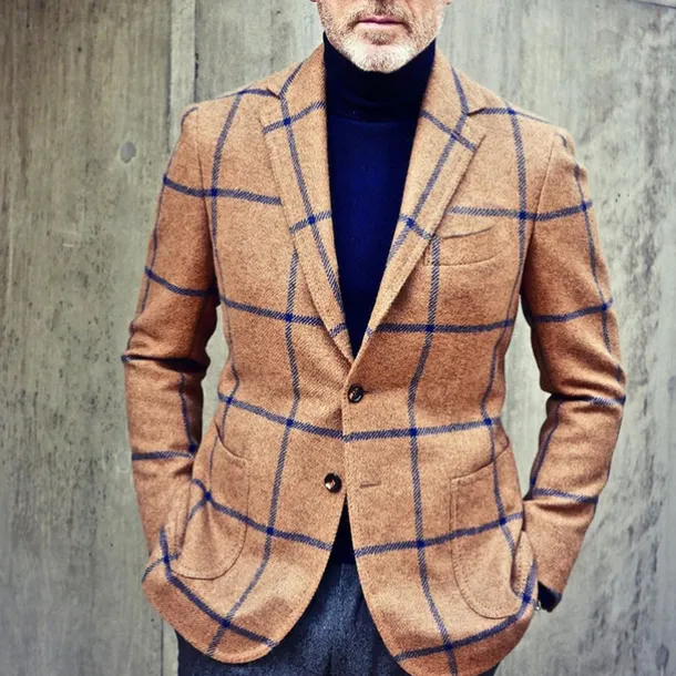 Men's Blazer Jacket Business Evening Party Daily Wear Pocket Fall Winter Polyester Plaid Check Artistic Style Warm Single Breasted Two-button Blazer Black Brown Green