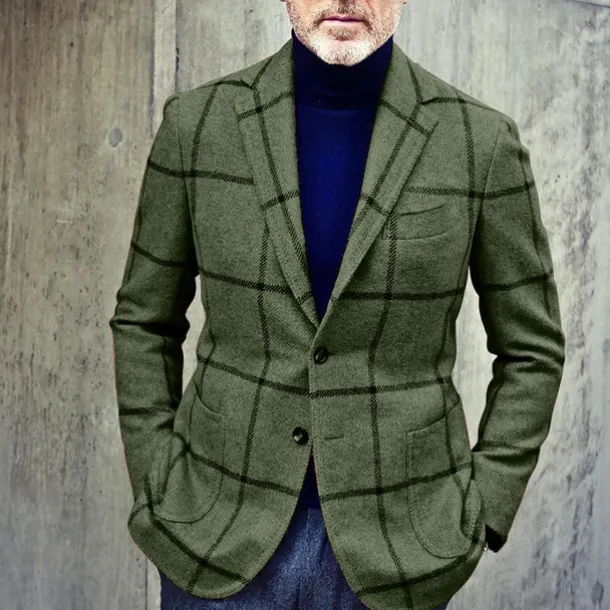 Men's Blazer Jacket Business Evening Party Daily Wear Pocket Fall Winter Polyester Plaid Check Artistic Style Warm Single Breasted Two-button Blazer Black Brown Green